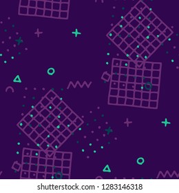 Modern Memphis Texture. Seamless Background for Wallpaper, Print, Textile in Trendy Style. Colorful Geometric Pattern with Hand Drawn Scribble Elements. Colorful Triangles, Rings, Zigzags and Dots.