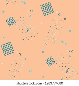 Modern Memphis Texture. Seamless Background for Banner, Poster, Cloth in Trendy Style. Colorful Geometric Pattern with Hand Drawn Scribble Elements. Colorful Triangles, Rings, Zigzags and Dots.