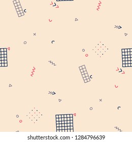 Modern Memphis Texture. Seamless Background for Card, Print, Textile in Trendy Style. Colorful Geometric Pattern with Hand Drawn Scribble Elements. Colorful Triangles, Rings, Zigzags and Dots.