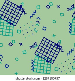 Modern Memphis Texture. Seamless Background for Wallpaper, Calico, Textile in Trendy Style. Bright Geometric Pattern with Hand Drawn Scribble Elements. Colorful Triangles, Rings, Zigzags and Dots.