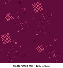 Modern Memphis Texture. Seamless Background for Chintz, Calico, Fabric in Trendy Style. Colorful Geometric Pattern with Hand Drawn Scribble Elements. Colorful Triangles, Rings, Zigzags and Dots.