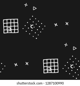 Modern Memphis Texture. Seamless Background for Wallpaper, Print, Textile in Trendy Style. Bright Geometric Pattern with Hand Drawn Scribble Elements. Colorful Triangles, Rings, Zigzags and Dots.