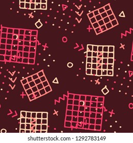 Modern Memphis Texture. Seamless Background for Banner, Poster, Cloth in Trendy Style. Bright Geometric Pattern with Hand Drawn Scribble Elements. Colorful Triangles, Rings, Zigzags and Dots.