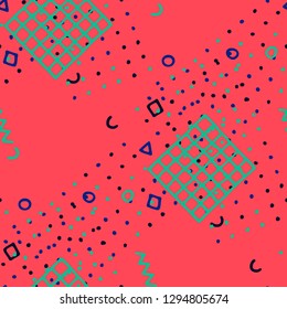 Modern Memphis Texture. Seamless Background for Card, Poster, Cover in Trendy Style. Colorful Geometric Pattern with Hand Drawn Scribble Elements. Colorful Triangles, Rings, Zigzags and Dots.