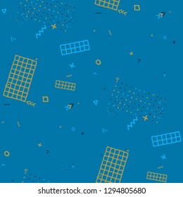 Modern Memphis Texture. Seamless Background for Wallpaper, Calico, Textile in Trendy Style. Colorful Geometric Pattern with Hand Drawn Scribble Elements. Colorful Triangles, Rings, Zigzags and Dots.