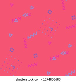 Modern Memphis Texture. Seamless Background for Chintz, Cotton, Fabric in Trendy Style. Bright Geometric Pattern with Hand Drawn Scribble Elements. Colorful Triangles, Rings, Zigzags and Dots.