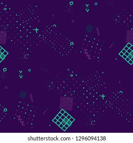 Modern Memphis Texture. Seamless Background for Wallpaper, Calico, Textile in Trendy Style. Colorful Geometric Pattern with Hand Drawn Scribble Elements. Colorful Triangles, Rings, Zigzags and Dots.