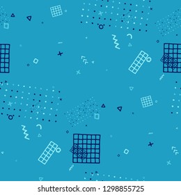 Modern Memphis Texture. Seamless Background for Chintz, Cotton, Swimwear in Trendy Style. Colorful Geometric Pattern with Hand Drawn Scribble Elements. Colorful Triangles, Rings, Zigzags and Dots.
