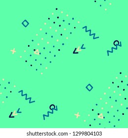 Modern Memphis Texture. Seamless Background for Chintz, Calico, Fabric in Trendy Style. Bright Geometric Pattern with Hand Drawn Scribble Elements. Colorful Triangles, Rings, Zigzags and Dots.