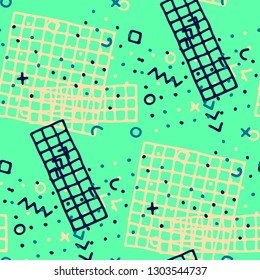 Modern Memphis Texture. Seamless Background for Wallpaper, Fabric, Cloth in Trendy Style. Bright Geometric Pattern with Hand Drawn Scribble Elements. Colorful Triangles, Rings, Zigzags and Dots.