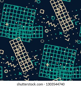Modern Memphis Texture. Seamless Background for Wallpaper, Cotton, Swimwear in Trendy Style. Colorful Geometric Pattern with Hand Drawn Scribble Elements. Colorful Triangles, Rings, Zigzags and Dots.