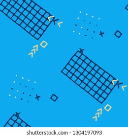Modern Memphis Texture. Seamless Background for Card, Print, Textile in Trendy Style. Colorful Geometric Pattern with Hand Drawn Scribble Elements. Colorful Triangles, Rings, Zigzags and Dots.