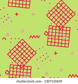 Modern Memphis Texture. Seamless Background for Wallpaper, Calico, Fabric in Trendy Style. Colorful Geometric Pattern with Hand Drawn Scribble Elements. Colorful Triangles, Rings, Zigzags and Dots.