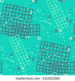 Modern Memphis Texture. Seamless Background for Banner, Fabric, Cloth in Trendy Style. Bright Geometric Pattern with Hand Drawn Scribble Elements. Colorful Triangles, Rings, Zigzags and Dots.