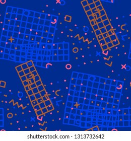 Modern Memphis Texture. Seamless Background for Card, Poster, Cover in Trendy Style. Bright Geometric Pattern with Hand Drawn Scribble Elements. Colorful Triangles, Rings, Zigzags and Dots.