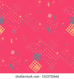 Modern Memphis Texture. Seamless Background for Wallpaper, Calico, Textile in Trendy Style. Colorful Geometric Pattern with Hand Drawn Scribble Elements. Colorful Triangles, Rings, Zigzags and Dots.