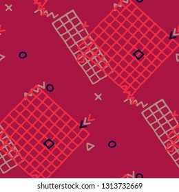 Modern Memphis Texture. Seamless Background for Banner, Fabric, Cloth in Trendy Style. Colorful Geometric Pattern with Hand Drawn Scribble Elements. Colorful Triangles, Rings, Zigzags and Dots.