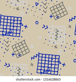 Modern Memphis Texture. Seamless Background for Wallpaper, Calico, Fabric in Trendy Style. Colorful Geometric Pattern with Hand Drawn Scribble Elements. Colorful Triangles, Rings, Zigzags and Dots.