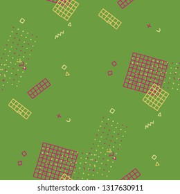 Modern Memphis Texture. Seamless Background for Wallpaper, Cotton, Swimwear in Trendy Style. Colorful Geometric Pattern with Hand Drawn Scribble Elements. Colorful Triangles, Rings, Zigzags and Dots.