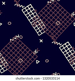 Modern Memphis Texture. Seamless Background for Wallpaper, Fabric, Swimwear in Trendy Style. Bright Geometric Pattern with Hand Drawn Scribble Elements. Colorful Triangles, Rings, Zigzags and Dots.