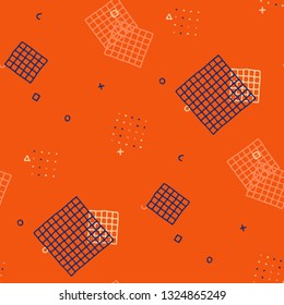 Modern Memphis Texture. Seamless Background for Card, Banner, Cover in Trendy Style. Bright Geometric Pattern with Hand Drawn Scribble Elements. Colorful Triangles, Rings, Zigzags and Dots.