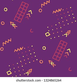 Modern Memphis Texture. Seamless Background for Chintz, Cotton, Fabric in Trendy Style. Colorful Geometric Pattern with Hand Drawn Scribble Elements. Colorful Triangles, Rings, Zigzags and Dots.