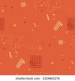 Modern Memphis Texture. Seamless Background for Banner, Poster, Cover in Trendy Style. Bright Geometric Pattern with Hand Drawn Scribble Elements. Colorful Triangles, Rings, Zigzags and Dots.