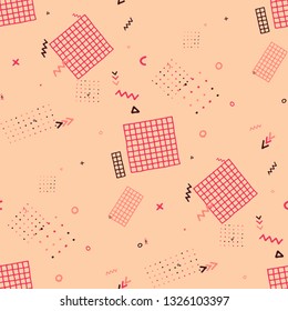 Modern Memphis Texture. Seamless Background for Card, Poster, Cover in Trendy Style. Bright Geometric Pattern with Hand Drawn Scribble Elements. Colorful Triangles, Rings, Zigzags and Dots.