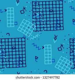 Modern Memphis Texture. Seamless Background for Chintz, Cotton, Swimwear in Trendy Style. Colorful Geometric Pattern with Hand Drawn Scribble Elements. Colorful Triangles, Rings, Zigzags and Dots.