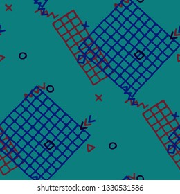 Modern Memphis Texture. Seamless Background for Wallpaper, Cotton, Swimwear in Trendy Style. Bright Geometric Pattern with Hand Drawn Scribble Elements. Colorful Triangles, Rings, Zigzags and Dots.