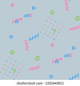 Modern Memphis Texture. Seamless Background for Banner, Poster, Cover in Trendy Style. Bright Geometric Pattern with Hand Drawn Scribble Elements. Colorful Triangles, Rings, Zigzags and Dots.