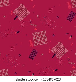 Modern Memphis Texture. Seamless Background for Wallpaper, Cotton, Swimwear in Trendy Style. Bright Geometric Pattern with Hand Drawn Scribble Elements. Colorful Triangles, Rings, Zigzags and Dots.