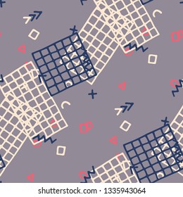 Modern Memphis Texture. Seamless Background for Chintz, Calico, Fabric in Trendy Style. Bright Geometric Pattern with Hand Drawn Scribble Elements. Colorful Triangles, Rings, Zigzags and Dots.