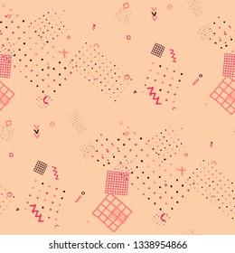 Modern Memphis Texture. Seamless Background for Wallpaper, Fabric, Cloth in Trendy Style. Colorful Geometric Pattern with Hand Drawn Scribble Elements. Colorful Triangles, Rings, Zigzags and Dots.