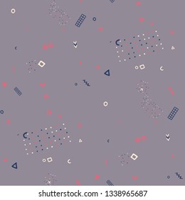 Modern Memphis Texture. Seamless Background for Wallpaper, Fabric, Cloth in Trendy Style. Bright Geometric Pattern with Hand Drawn Scribble Elements. Colorful Triangles, Rings, Zigzags and Dots.