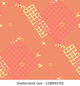 Modern Memphis Texture. Seamless Background for Wallpaper, Fabric, Swimwear in Trendy Style. Colorful Geometric Pattern with Hand Drawn Scribble Elements. Colorful Triangles, Rings, Zigzags and Dots.