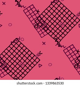 Modern Memphis Texture. Seamless Background for Banner, Poster, Cover in Trendy Style. Colorful Geometric Pattern with Hand Drawn Scribble Elements. Colorful Triangles, Rings, Zigzags and Dots.