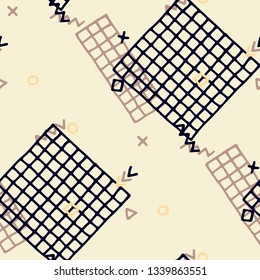 Modern Memphis Texture. Seamless Background for Chintz, Calico, Fabric in Trendy Style. Bright Geometric Pattern with Hand Drawn Scribble Elements. Colorful Triangles, Rings, Zigzags and Dots.