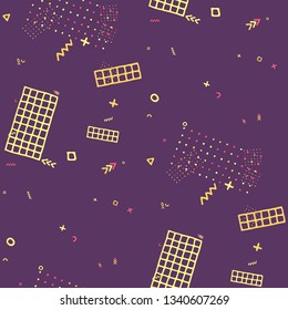 Modern Memphis Texture. Seamless Background for Banner, Poster, Cloth in Trendy Style. Colorful Geometric Pattern with Hand Drawn Scribble Elements. Colorful Triangles, Rings, Zigzags and Dots.