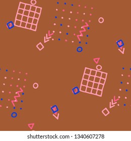 Modern Memphis Texture. Seamless Background for Card, Banner, Cover in Trendy Style. Bright Geometric Pattern with Hand Drawn Scribble Elements. Colorful Triangles, Rings, Zigzags and Dots.