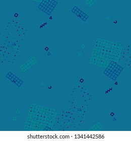 Modern Memphis Texture. Seamless Background for Wallpaper, Calico, Textile in Trendy Style. Bright Geometric Pattern with Hand Drawn Scribble Elements. Colorful Triangles, Rings, Zigzags and Dots.