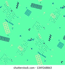 Modern Memphis Texture. Seamless Background for Banner, Poster, Cloth in Trendy Style. Colorful Geometric Pattern with Hand Drawn Scribble Elements. Colorful Triangles, Rings, Zigzags and Dots.