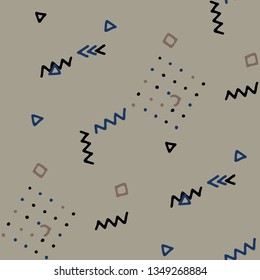 Modern Memphis Texture. Seamless Background for Banner, Poster, Cover in Trendy Style. Colorful Geometric Pattern with Hand Drawn Scribble Elements. Colorful Triangles, Rings, Zigzags and Dots.