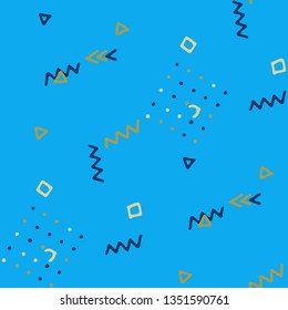 Modern Memphis Texture. Seamless Background for Chintz, Cotton, Fabric in Trendy Style. Colorful Geometric Pattern with Hand Drawn Scribble Elements. Colorful Triangles, Rings, Zigzags and Dots.