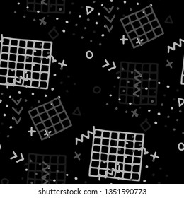 Modern Memphis Texture. Seamless Background for Banner, Poster, Cover in Trendy Style. Colorful Geometric Pattern with Hand Drawn Scribble Elements. Colorful Triangles, Rings, Zigzags and Dots.