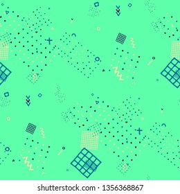 Modern Memphis Texture. Seamless Background for Wallpaper, Calico, Fabric in Trendy Style. Colorful Geometric Pattern with Hand Drawn Scribble Elements. Colorful Triangles, Rings, Zigzags and Dots.