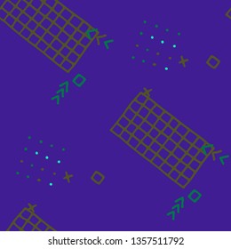Modern Memphis Texture. Seamless Background for Wallpaper, Fabric, Cloth in Trendy Style. Colorful Geometric Pattern with Hand Drawn Scribble Elements. Colorful Triangles, Rings, Zigzags and Dots.