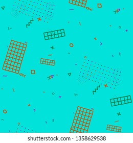 Modern Memphis Texture. Seamless Background for Card, Poster, Cover in Trendy Style. Bright Geometric Pattern with Hand Drawn Scribble Elements. Colorful Triangles, Rings, Zigzags and Dots.