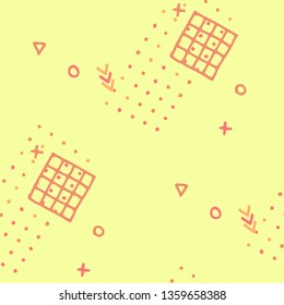 Modern Memphis Texture. Seamless Background for Wallpaper, Print, Textile in Trendy Style. Bright Geometric Pattern with Hand Drawn Scribble Elements. Colorful Triangles, Rings, Zigzags and Dots.