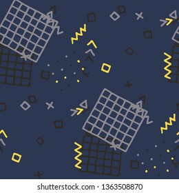 Modern Memphis Texture. Seamless Background for Wallpaper, Fabric, Cloth in Trendy Style. Bright Geometric Pattern with Hand Drawn Scribble Elements. Colorful Triangles, Rings, Zigzags and Dots.